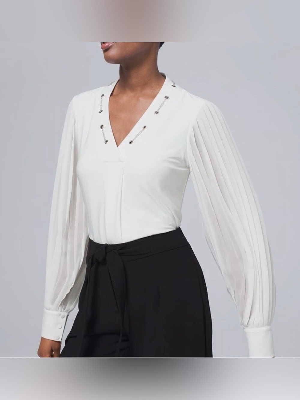 White House Black Market Ecru chain neck woven sleeve blouse NWT